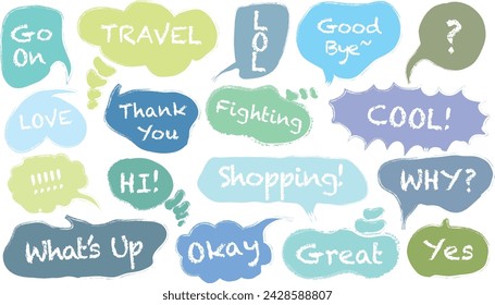Lindo conjunto de burbujas de discurso vectorial colorido, conjunto dibujado a mano de burbujas de discurso con escritura a mano para el libro, tarjeta, negocio, diseño de póster. Diseño de ilustración vectorial para telas de moda, gráficos textiles