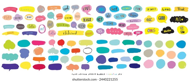 Cute vector speech bubble colorful set,Hand drawn set of speech bubbles with handwritten for book ,card, business, poster design. Vector illustration design for fashion fabrics, textile graphics