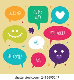 Cute vector speech bubble colorful set. Hand drawn set of speech bubbles with handwritten for book ,card, business, poster design. Vector illustration design for fashion fabrics, textile graphics