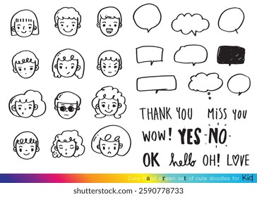 Cute vector speech bubble colorful set,Hand drawn set of speech bubbles with handwritten for book ,card, business, poster design. Vector illustration design for fashion fabrics, cute doodle