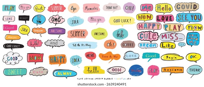 Cute vector speech bubble colorful set,Hand drawn set of speech bubbles with handwritten for book ,card, business, poster design. Vector illustration design for fashion fabrics, cute doodle
