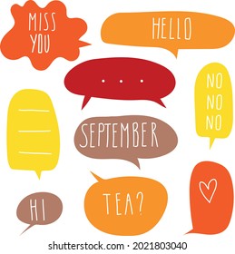 Cute vector speech bubbles in cartoon doodle squiggle style. Autumn colors, mood for decoration. Message talk sketch text template collection set.