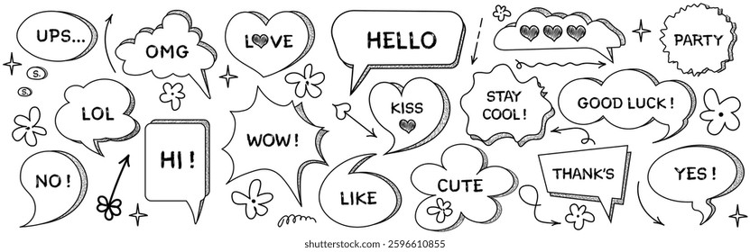 Cute vector speech bubbles set. Hand drawn set of speech bubbles with text. "Hello, Wow, Cool, Cute, OMG, Like, Lift, Love, Kiss, Stay Cool, Good Luck, Party, No, Yes"