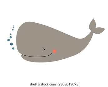 Cute vector sperm whale isolated on white background. Cartoon sea animal. Smiling funny cachalot. Kids illustration