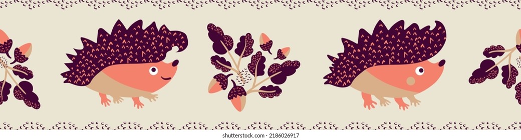 Cute vector spiky, prickly, hedgehog, acorn and oak leaves border. Seamless banner with cartoon kawaii hedgehogs and fall foliage. Nature forest creatures and fauna design in earthy colors for kids