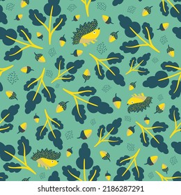 Cute vector spiky, prickly, hedgehog, acorn and oak leaves. Cartoon kawaii mammal and fall foliage seamless pattern on light blue backdrop. Nature forest creatures and fauna repeat for kids, education