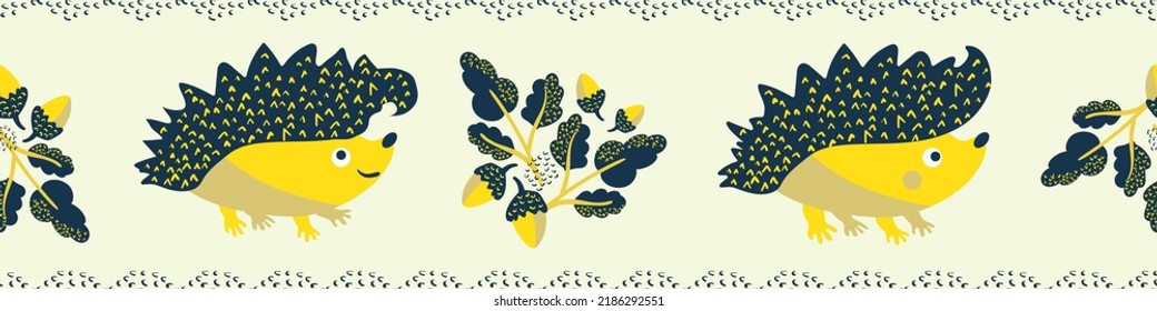 Cute vector spiky, prickly, hedgehog, acorn and oak leaves border. Seamless banner with cartoon kawaii hedgehogs and fall foliage. Nature forest creatures edging in gender neutral colors for kids