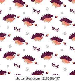 Cute vector spiky, prickly, hedgehog, acorn and oak leaves. Cartoon kawaii mammal and fall foliage seamless pattern on white backdrop. Nature forest creatures and fauna repeat for kids, education