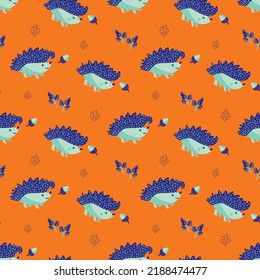 Cute vector spiky, prickly, hedgehog, acorn and oak leaves background. Cartoon kawaii mammal and fall foliage seamless pattern backdrop.Nature forest creatures and fauna repeat for children, education