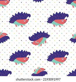 Cute vector spiky, prickly, hedgehog seamless pattern background. Kawaii hedgehogs on polka dot backdrop. Colourful fun cartoon character forest animal wandering about. Adorable critters for children