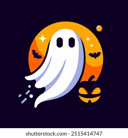 Cute vector spook. Cartoon Halloween ghost character. Halloween Promotion Poster. Scary spooky personage. Magic scary spirit. Halloween levitating phantom. Happy halloween greeting card with ghost