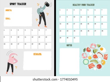 Cute vector sport and healthy food trackers with place for notes. A tracker with training people and food. Nice vector flat illustration in cartoon style. Trackers to develop a sports habits.