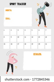 Cute vector sport tracker with 3 week grid and place for notes. A tracker with training people. Nice vector flat illustration in cartoon style. Fitness tracker to develop a sports habits.