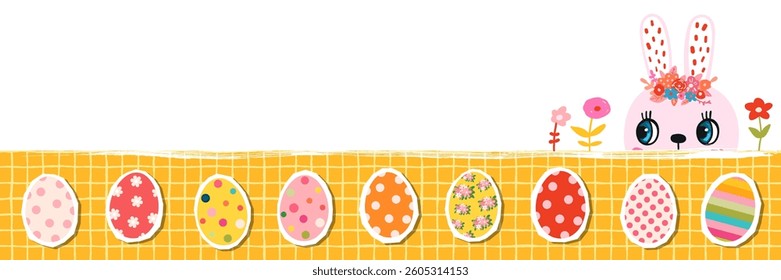 Cute vector spring banner with pink peeking bunny and colorful Easter eggs