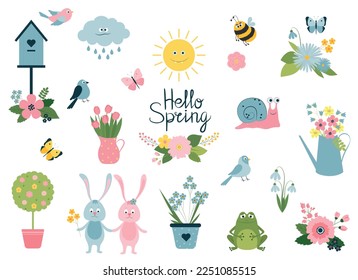Cute vector spring set on isolated white background. Collection of flowers, plants, birds, butterflies. Cartoon bunny, frog, snail, bee. Hello spring