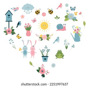 Cute vector spring set on isolated white background. Collection of flowers, plants, birds, butterflies. Cartoon bunny, frog, snail, bee