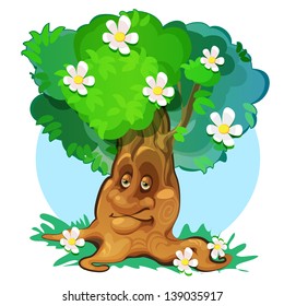 cute vector spring tree at green meadow