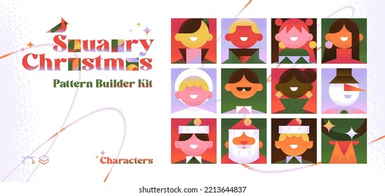 Cute Vector Square Elements about Christmas, New Year, Xmas, Winter time, Holiday. Minimal trendy style. Geometric illustrations. Vector Christmas Icons set. Characters.