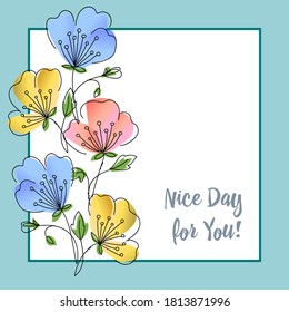 cute vector square postcard of multicolored poppy flowers on a white background in the style of linear hand drawing and watercolor