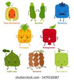 Cute vector of square shaped smiling fruit, vegetable with happy face - Pineapple Pomegranate Cape Gooseberry Zucchini Gooseberry Blueberry Kaffir lime Tamarind. Colorful set of food illustration