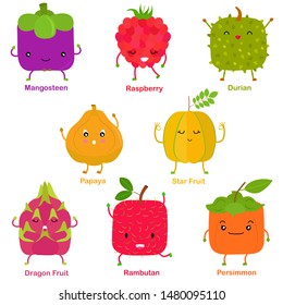 Vetor bonito de frutos sorridentes em forma de quadrado, vegetal com rosto feliz - Framboesa de Fruta Estrela Durian Dragon Fruit Persimmon Mangosteen Papaya Rambutan. Conjunto colorido de ilustração de comida no branco