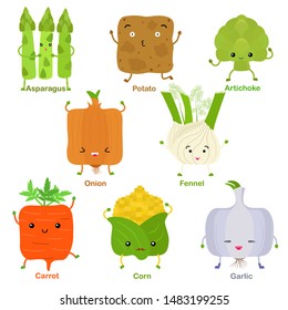 Cute vector of square shaped smiling fruit, vegetable with happy face - Asparagus Potato Artichoke Onion Carrot Corn Garlic Fennel. Colorful set of food illustration isolated on white background 