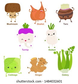 Cute vector of square shaped smiling fruit, vegetable with happy face - Turnip Shallot Daikon Taro Mushroom Cabbage Celery Ginger. Colorful set of food illustration isolated on white background 