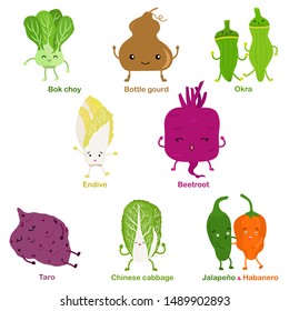 Cute vector of square shaped smiling fruit, vegetable with happy face - Bok choy Okra Beetroot Bottle gourd Taro Endive Chinese cabbage Jalapeno Habanero. Colorful set of food illustration on white