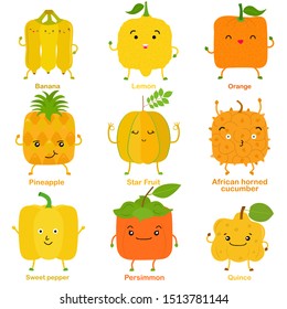 Cute vector of square shaped smiling fruit, vegetable with happy face in yellow color - Banana Lemon Orange Pineapple Star fruit cucumber pepper persimmon quince. Colorful illustration set on white