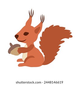 Cute vector squirrel with acorn sitting isolated on white background, kid wild forest animal flat cartoon illustration, decorative design education for children, preschool, zoo alphabet, greeting card