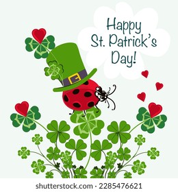 Cute vector St Patrick day card with lady bug in green hat