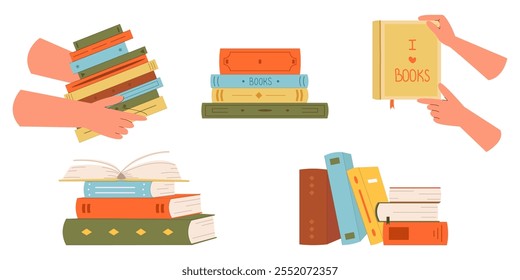 Pilha de livros vetorial bonito para leitura. Dia Mundial do Livro. Conceito de educação. Modelo de design com uma pilha de livros abertos. Simples engraçado clipart isolado no branco. Festival do livro.