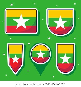 Cute vector state flag of Myanmar icon mascot illustration bundle. flag of southeast asia vector cartoon bundle