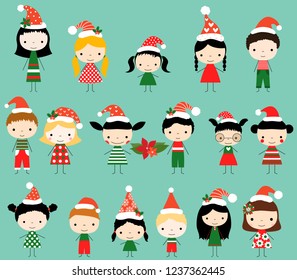 Cute vector stick figures in red and green Christmas clothes with Santa hats