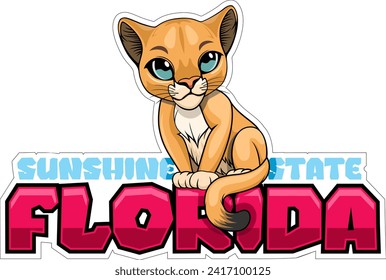 Cute Vector sticker with cougar puma and with the inscription "Sunshine state Florida"