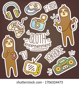 Cute vector sticker pack with sloth and entertainment technology. Funny pictures to illustrate various events, diary design. Karaoke, photography, cinema, TV, video games, virtual reality, music.