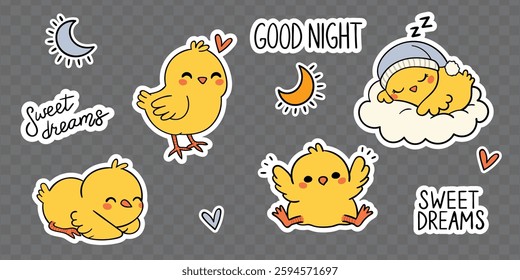 A cute vector sticker set featuring adorable yellow chicks in various poses, including sleeping on clouds and playful expressions. Includes hand-drawn text elements and decorative accents.