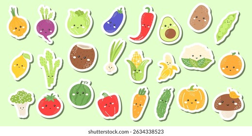 Cute vector sticker set kawaii fruit and vegetable characters with smiling faces. Onion, eggplant, chili, avocado, lemon, tomato, and more. Perfect for kids, healthy food-themed designs fun clip art