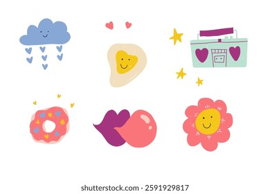 Cute vector sticker set with a smiling cloud, heart-shaped fried egg, retro boombox, donut with sprinkles, lips blowing bubble gum, and a happy flower. Playful and colorful kawaii-style illustration.