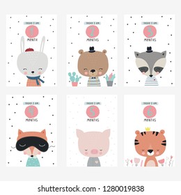 Cute vector stickers for Baby Shower. Monthly baby stickers with cute animals