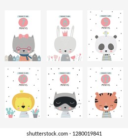 Cute vector stickers for Baby Shower. Monthly baby stickers with cute animals