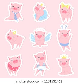 Cute vector stickers with funny pink pigs . Elements for New Year's design. Symbol of 2019 on the Chinese calendar. Pig illustration isolated on white. Cartoon animals badges.