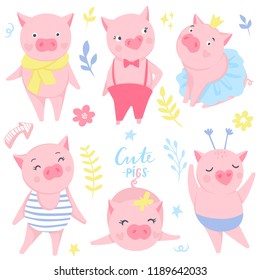 Cute vector stickers with funny pink pigs. Elements for New Year's design. Symbol of 2019 on the Chinese calendar. Pig illustration isolated on white. Cartoon animals badges.