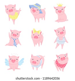 Cute vector stickers with funny pink pigs. Elements for New Year's design. Symbol of 2019 on the Chinese calendar. Pig illustration isolated on white. Cartoon animals badges.