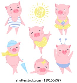Cute vector stickers with funny pink pigs. Symbol of 2019 on the Chinese calendar. Pig illustration isolated on white. For posters, banners, postcards, kids badges. Style of comics, cartoons.