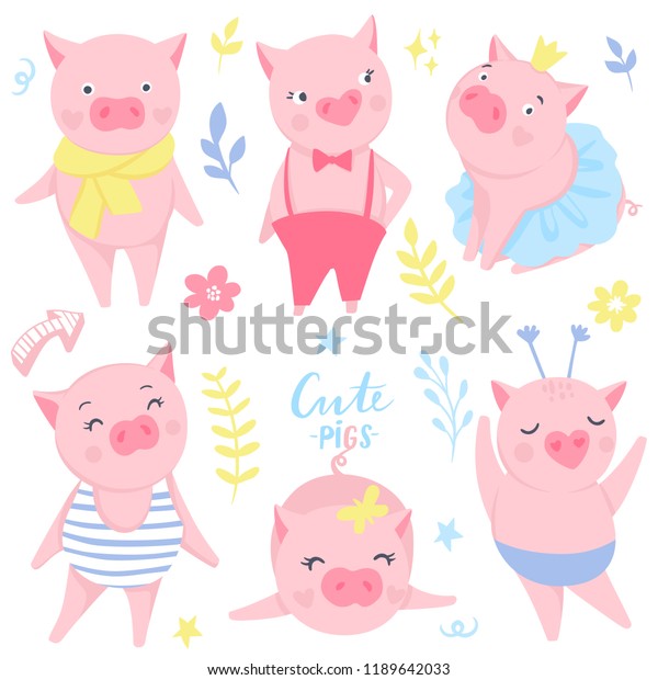 Cute Vector Stickers Funny Pink Pigs Stock Vector (Royalty Free ...