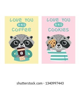 Cute vector stickers with raccoons. Funny raccoons with coffee and cookies on a yellow and pink background