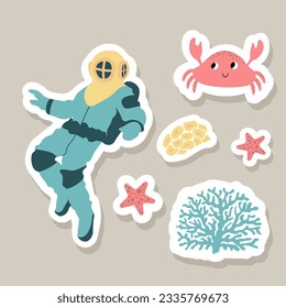 Cute vector stickers set with diver, crab, seaweed, coral, starfish.Underwater cartoon creatures.Marine animals.Cute ocean illustration for fabric, childrens clothing,book, postcard,wrapping paper