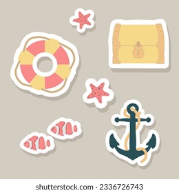 Cute vector stickers set with lifebuoy, treasure chest, clown fish,anchor,starfish.Underwater marine animals.Cute ocean illustration for fabric,childrens clothing,book,postcard,wrapping paper