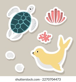 Cute vector stickers set with turtle, seal, algae, corals, shells.Underwater cartoon creatures.Marine animals.Cute ocean illustration for fabric, childrens clothing,book, postcard,wrapping paper